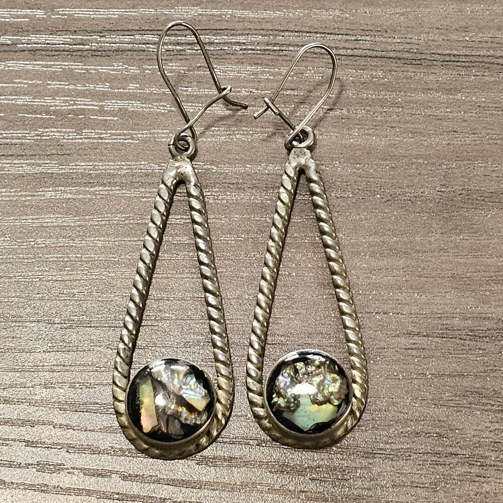Vintage Alpaca Silver & Abalone Teardrop Dangle Earrings